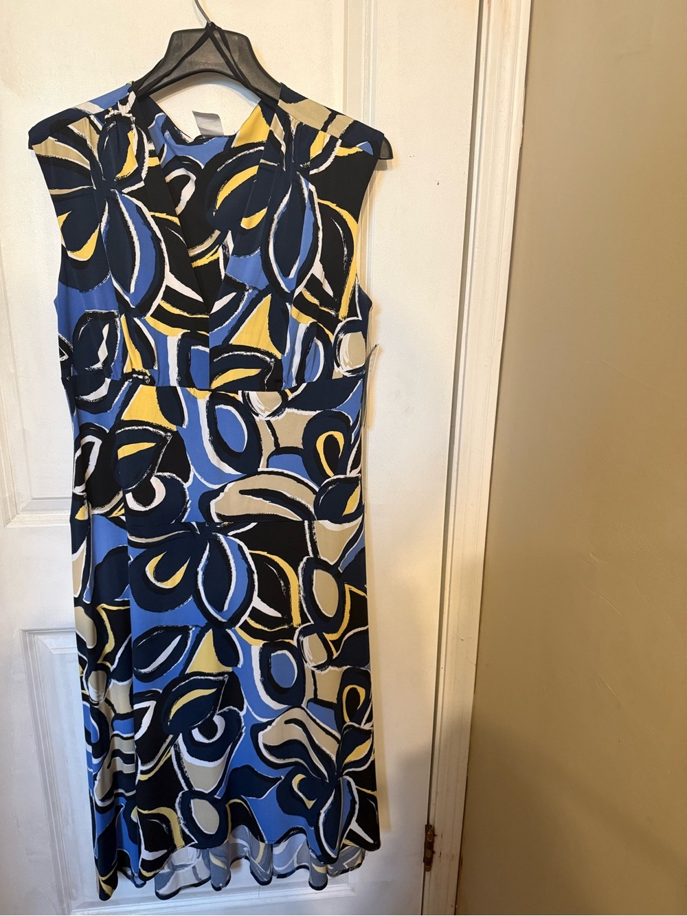 Sleeveless Abstract Floral Midi Dress in Blue and Yellow